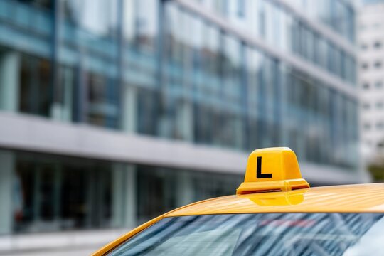 Yellow driving school car with L sign on rooftop parked in front of modern building