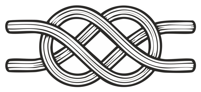 Illustration of a Carrick Bend knot, a secure fastening for ropes, shown in black and white.