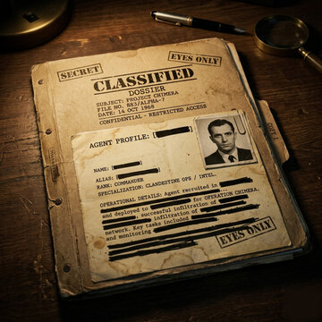 Vintage secret service dossier and classified agent profile on a dark office desk.