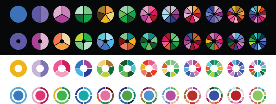 2 color of pie chart design. Pie chart set. Colorful diagram collection with 2,3,4,5,6,7,8,9,10,11,12 sections or steps. pie chart with white and black background. Pie chart