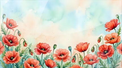 Obraz premium Watercolor red poppies blooming along the bottom border on a soft pastel background, perfect for greeting cards, posters, and spring designs.