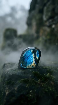 Polished labradorite gemstone with brilliant blue flash resting on moss-covered rock in natural forest setting for jewelry and crystal healing concepts.
