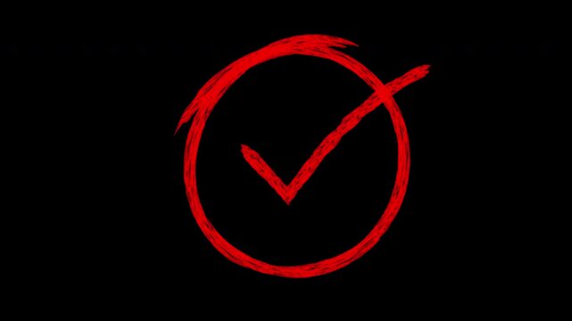 Hand-drawn red checkmark animation on black background, for success and, approval concepts