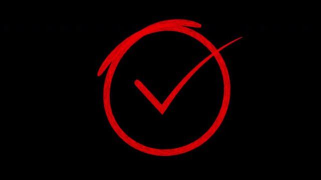 Hand-drawn red checkmark in circle animation on black background, for success and approval