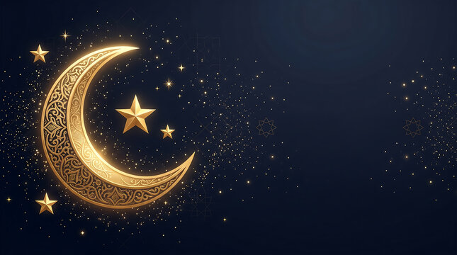 Golden crescent moon and stars on dark night sky with glittering light crescent glittering sparkling celestial astronomy beautiful abstract