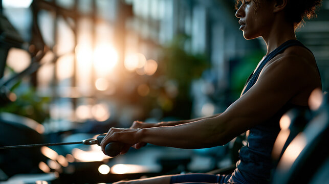 Cinematic side view silhouette of a figure on a bright softly defocused rowing machine in a sunny modern gym rowing endurance faceless silhouette modern gym daylight