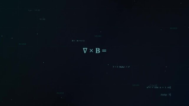Digital Animation of Floating Mathematical and Physics Formulas on a Dark Grid Background