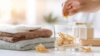 Fototapeta premium Natural seaweed spa and bath wellness scene with folded towels and glass jar for spa website, product background and relaxing wellness design