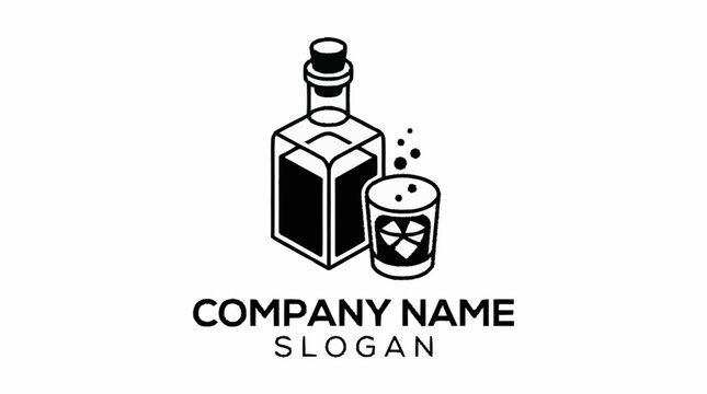 Alcoholic Drink Bottle and Glass with Bubbles Icon.
