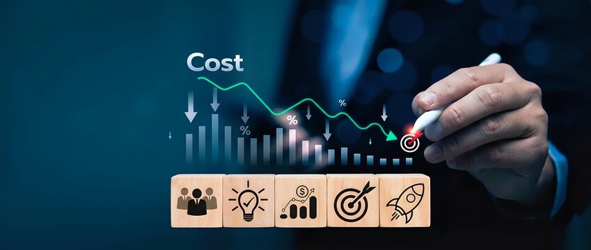 Businessman pointing at cost reduction graph with wooden blocks showing business strategy icons for finance and growth planning.