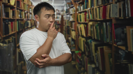 Man in white t shirt softly clutch chest amid dusty antique wooden bookshelves in sunlit building  pride. © Krakenimages.com
