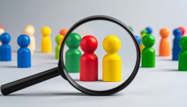 Magnifying Glass Focusing on Red Blue and Yellow Wooden Figures Representing Talent Recruitment Market Research Target Audience and Human Resources Selection