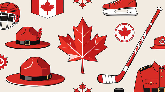 A vibrant collection of iconic Canadian symbols, including maple leaves, a hockey stick, a goalie mask, and RCMP hats, all in red and white.