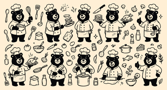 Vector doodle set of black bear chef mascots and kitchen tools.