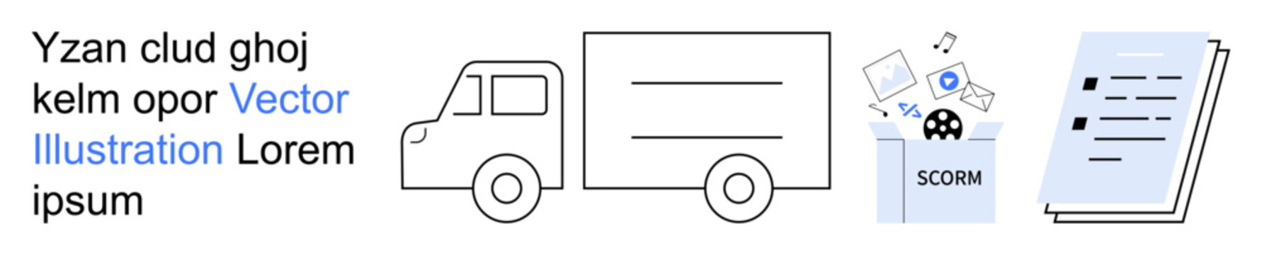 E-learning platforms, SCORM standards, learning management systems, digital courses, education logistics, digital transformation. Truck, SCORM icon digital tools and a book. E-learning platforms