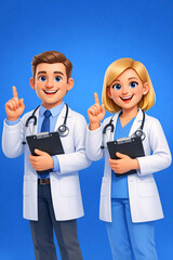 Obraz premium Two animated doctors in white coats standing together, smiling and holding medical clipboards against a blue background.