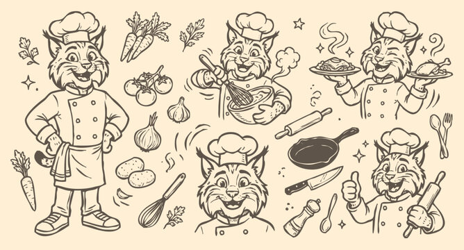 Vector doodle set of bobcat chef mascots and kitchen tools.
