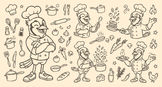 Vector doodle set of Blue Jay chef mascots and kitchen tools.