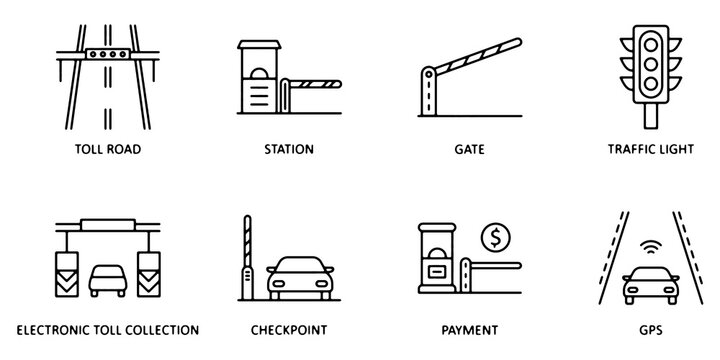 Toll road icon set. Smart transportation highway and electronic toll collection system vector illustration. Editable stroke for navigation and web application design.