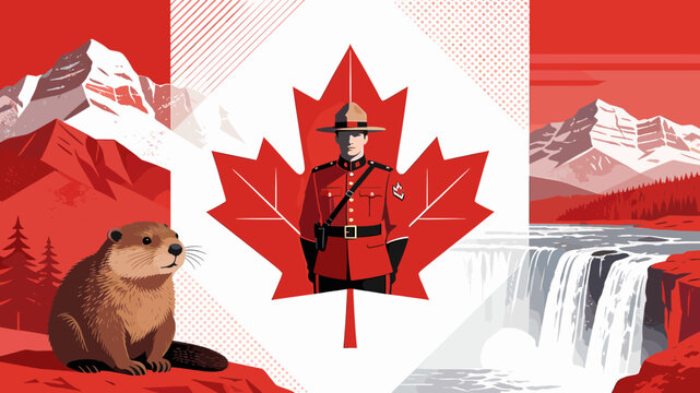Iconic Canadian symbols including a beaver, Royal Canadian Mounted Police officer, maple leaf, and majestic waterfalls set against a backdrop of snowy mountains.