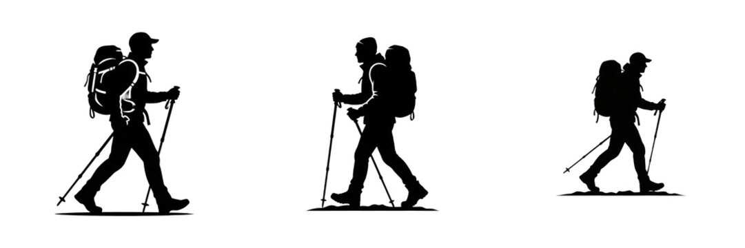 Man hiking with backpack walking sticks active outdoor trekking adventure travel tourist silhouette behavior