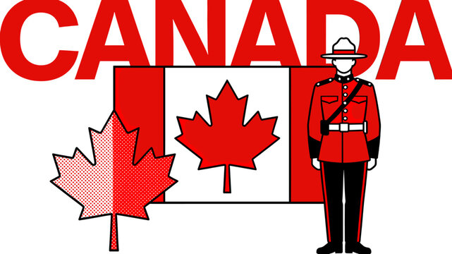 Iconic Canadian symbols including the national flag, a Mountie, and maple leaves with the country's name.