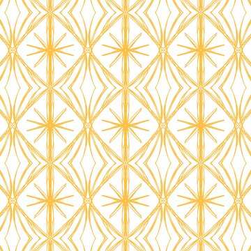 Seamless geometric pattern with yellow line art stars and diamonds on white background