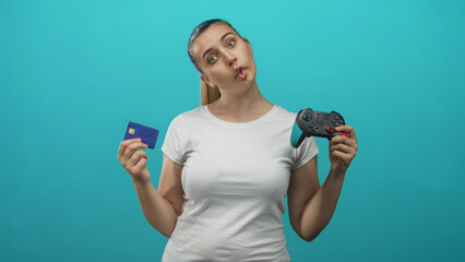 Woman holding a gamepad and creditcard, pursed lips and tilted head in a studio with teal backdrop and white tshirt  playful curiosity. © Krakenimages.com