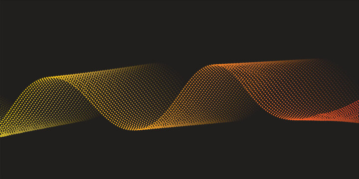 Flowing dots particles wave pattern yellow and red isolated on black, background. Vector in concept of technology, science, music, vector illustration