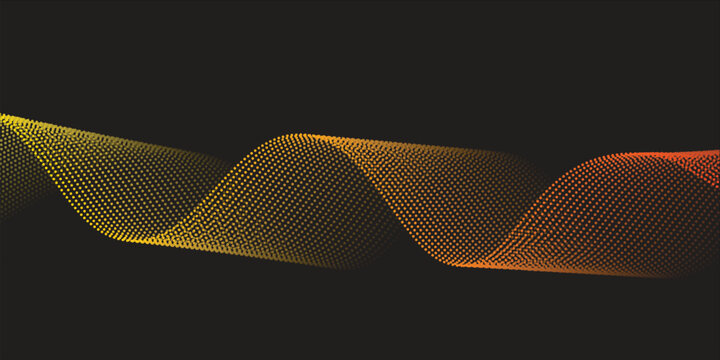 Flowing dots particles wave pattern yellow and red isolated on black, background. Vector in concept of technology, science, music, vector illustration