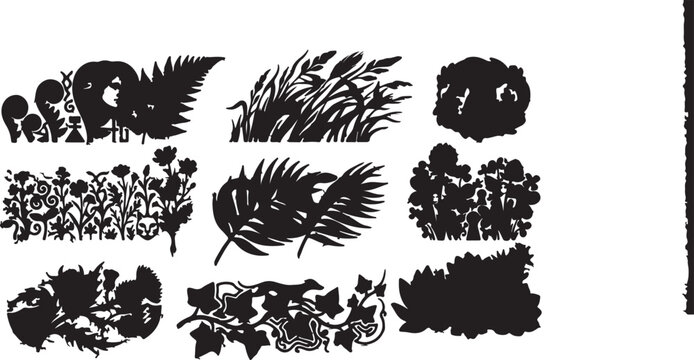 Mystical Nature Silhouettes: Foliage and Floral Design Elements.