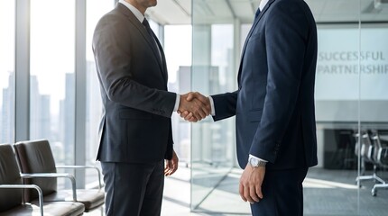 Fototapeta premium Two businessmen in suits shaking hands in a modern office setting, symbolizing agreement and trust.
