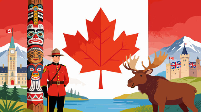 Vibrant illustration of Canadian landmarks and symbols, including a totem pole, RCMP officer, moose, and maple leaf flag.