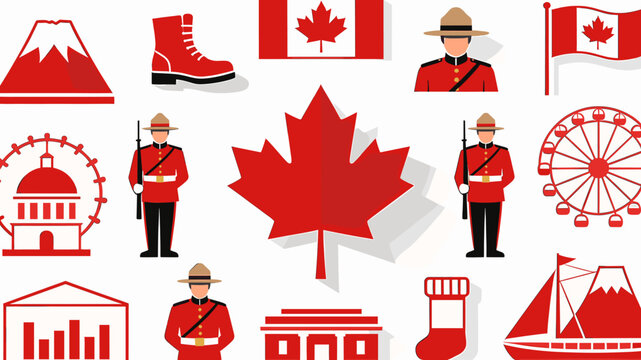 A vibrant collection of Canadian symbols and landmarks, including maple leaves, Mounties, and iconic structures, celebrating Canadian culture and identity.