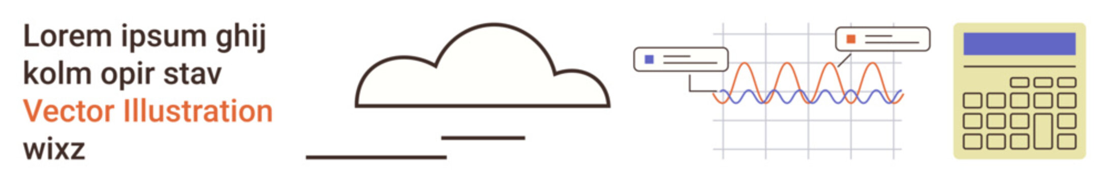 Data analysis, digital tools, cloud computing, statistics, technology, analytics. Cloud icon next to graph, calculator and text. Data analysis and cloud computing concept