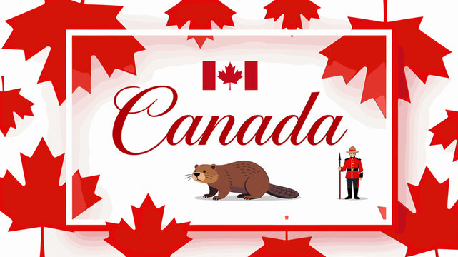 A vibrant illustration of Canada with its flag, maple leaves, a beaver, and a Mountie, set against a red background.
