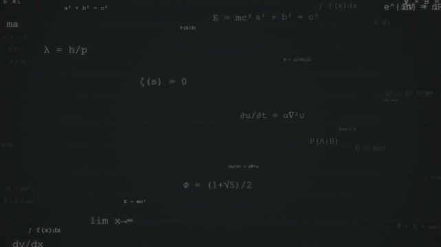 Cinematic Background of Floating Mathematical Formulas and Physics Equations on a Dark Textured Surface