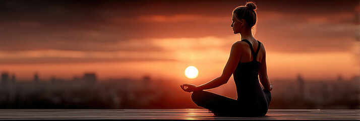 Obraz premium Woman meditating in lotus pose practicing rooftop yoga at sunrise, finding inner peace and balance above the city skyline, embracing a mindful morning routine for wellness