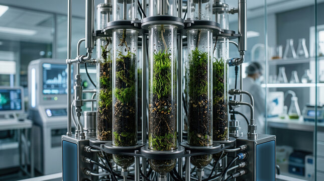 Laboratory equipment for soil research featuring glass tubes filled with soil and plants, surrounded by advanced scientific instruments in a modern lab environment