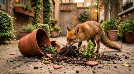 Fototapeta premium A curious fox investigates a broken flower pot in a charming courtyard setting.