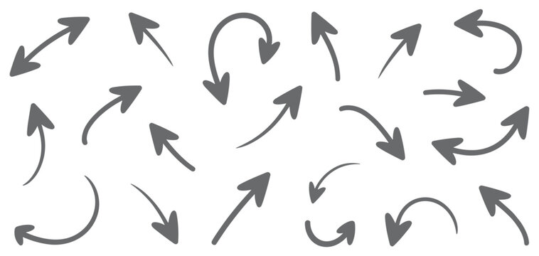 Arrows Collection: A set of gray arrows on a white backdrop, ideal for navigation. direction illustration, curved arrow, graphic element, pointer symbol, directional sign.
