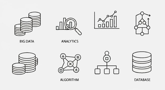 Set of data science and information technology linear icons.