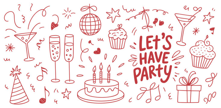 Party Illustration: Festive elements perfect for celebrations, gatherings, and festive designs.  Party illustration, celebration graphic, festive doodle, birthday drawing, joyful design.