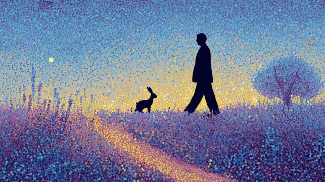 Silhouette of a man and a rabbit walking along a winding path in a vibrant pointillist landscape during dusk with trees and stars visible
