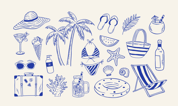 Hand drawn summer travel collection with suitcase, drinks, starfish, swimwear and beach accessories vector illustration. La dolce vita set in naive style