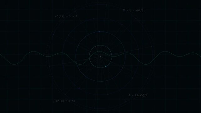 Abstract Mathematical and Scientific Background with Formulas, Geometric Patterns, and Sine Wave