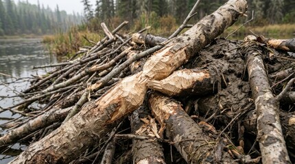 Fototapeta premium Beaver Dam Construction - A Detailed View of Log Pile in Nature.