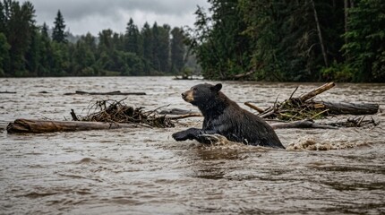 Naklejka premium Black bear swimming in a flooded river, surrounded by debris and trees, survival.