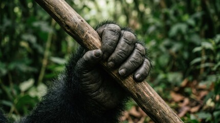Obraz premium Close-up of a gorillas hand gripping a wooden branch in a lush green forest setting.