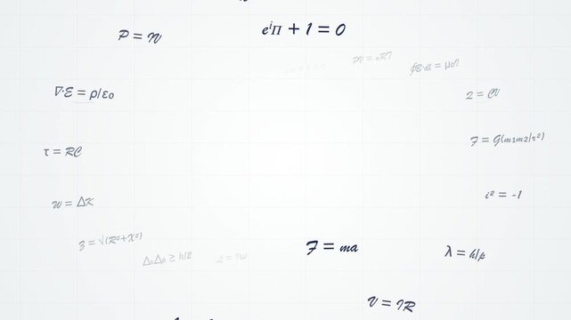 Animated Physics and Mathematical Formulas on White Grid Paper Background